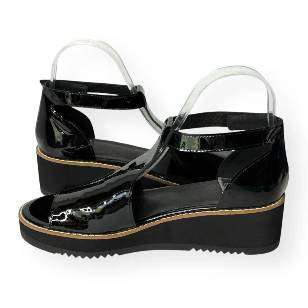 EILEEN FISHER Data Black Patent Ankle‎ Strap Wedge Sandals Size 7